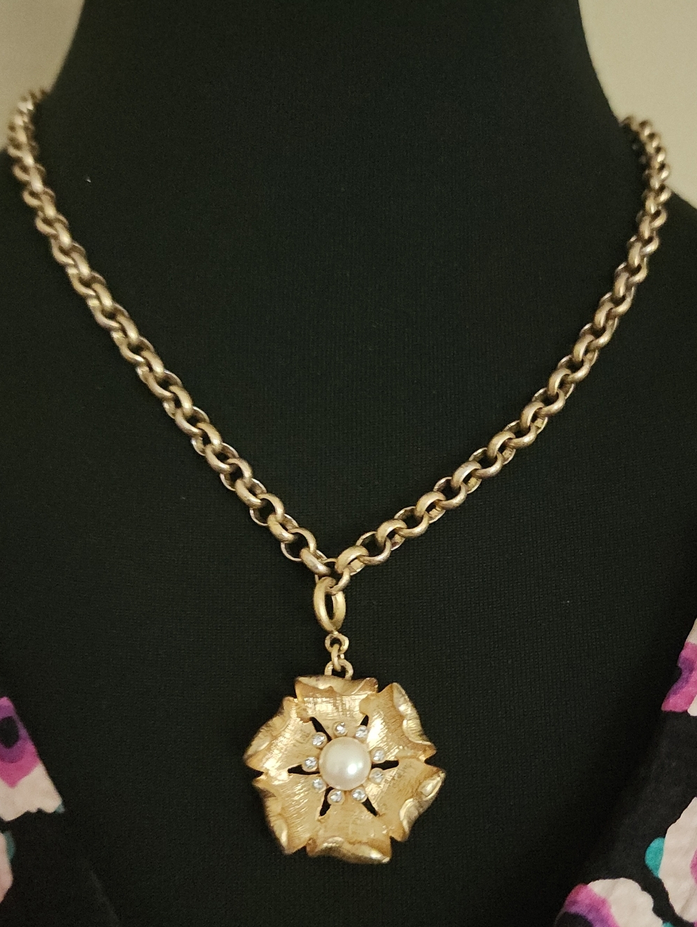 Stella Dot Charm Necklace Gold-Tone Flower Pearl Pendant Crystal Sphere